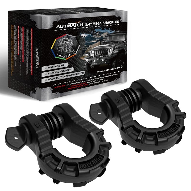 AUTMATCH D Ring Shackles 3/4 "" Mega Shackle (2 Pack) 68 000Ibs Break Strength - Clevis Shackle 7/8 "" Screw Pin  D Shackle Isolator & Washer Kit for Tow Strap Winch Off Road Vehicle Recovery  Matte Black - Image 1